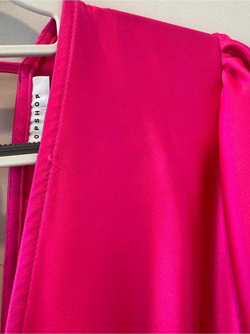 Topshop Satin Long Sleeve V Neck Bright Hot Pink Peplum Mini Dress Wedding Guest - Picture 8 of 14